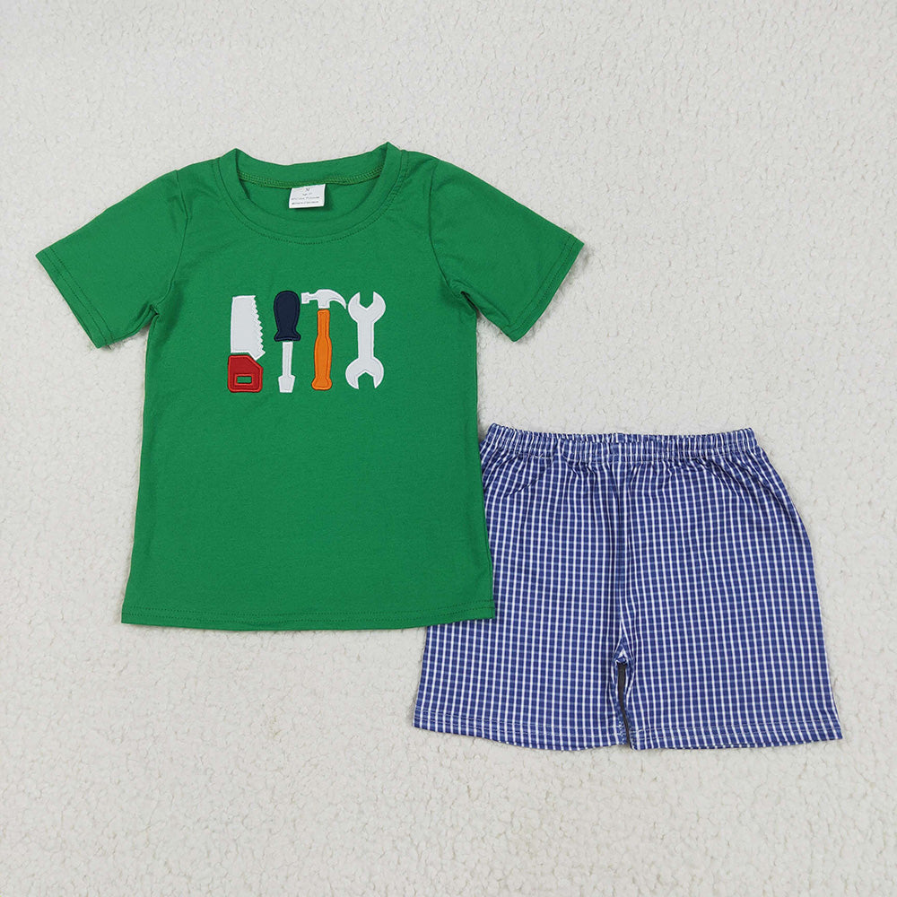 BSSO1066 baby boy clothes tool embroidery top checkered shorts summer outfits