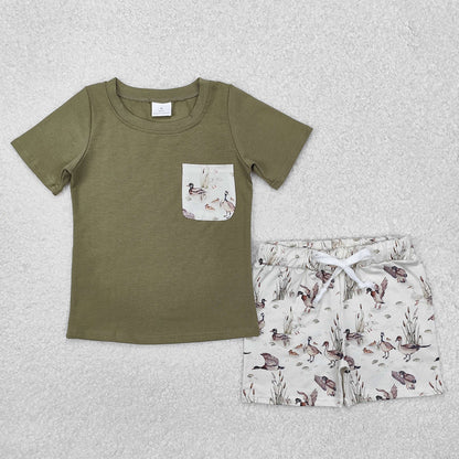 BSSO1175  baby boy green pocket shirt ducks mallard summer outfit