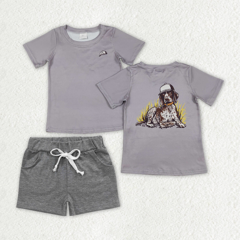 BSSO1335 baby boys dog hunting top grey summer outfits sets