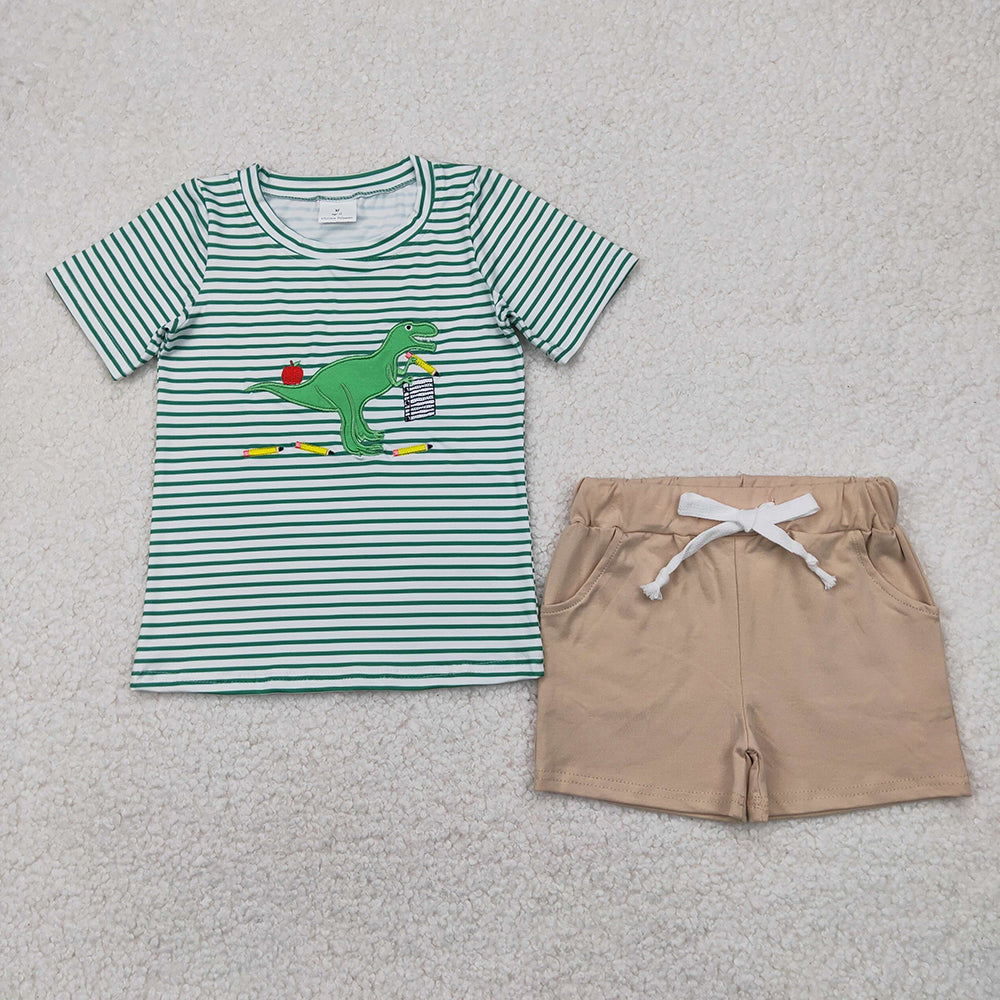 Sibling Baby Boys Back To School Embroidery Dinosaurs Summer Shorts Sets