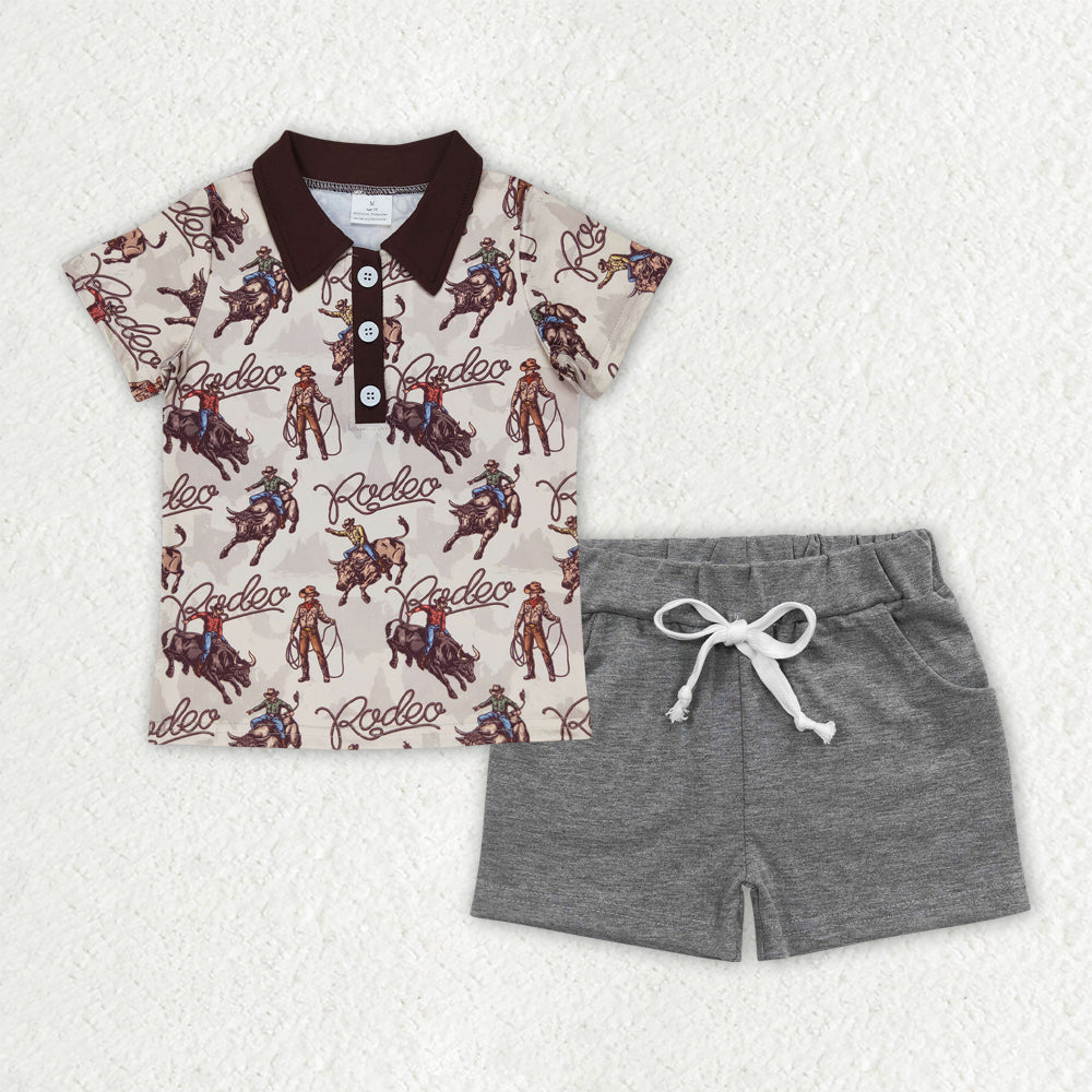 boys rodeo horse pullover t-shirts+grey shorts sets BSSO1466