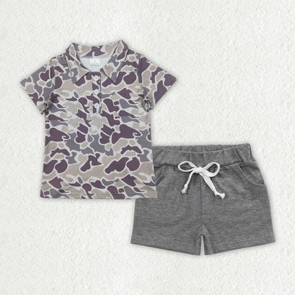 Sibling Baby Boys Camo Print Button Polo Shirts Pockets Short Western Set