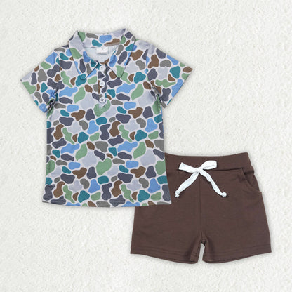 Sibling Baby Boys Camo Print Button Polo Shirts Pockets Short Western Set
