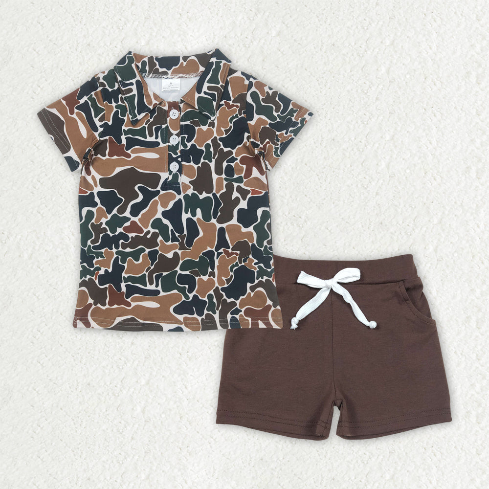 Sibling Baby Boys Camo Print Button Polo Shirts Pockets Short Western Set