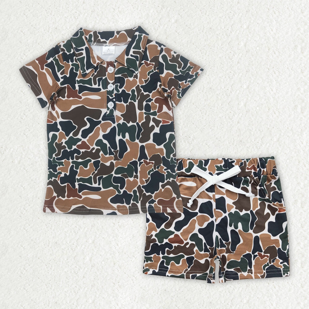 Sibling Baby Boys Camo Print Button Polo Shirts Pockets Short Western Set