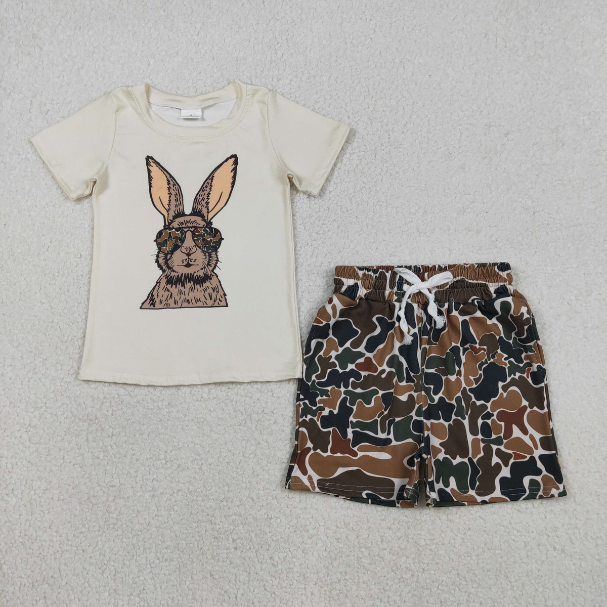 BSSO1582 Baby Boys Rabbits Top Dark Brown Camo Pockets Shorts Easter Clothes Sets