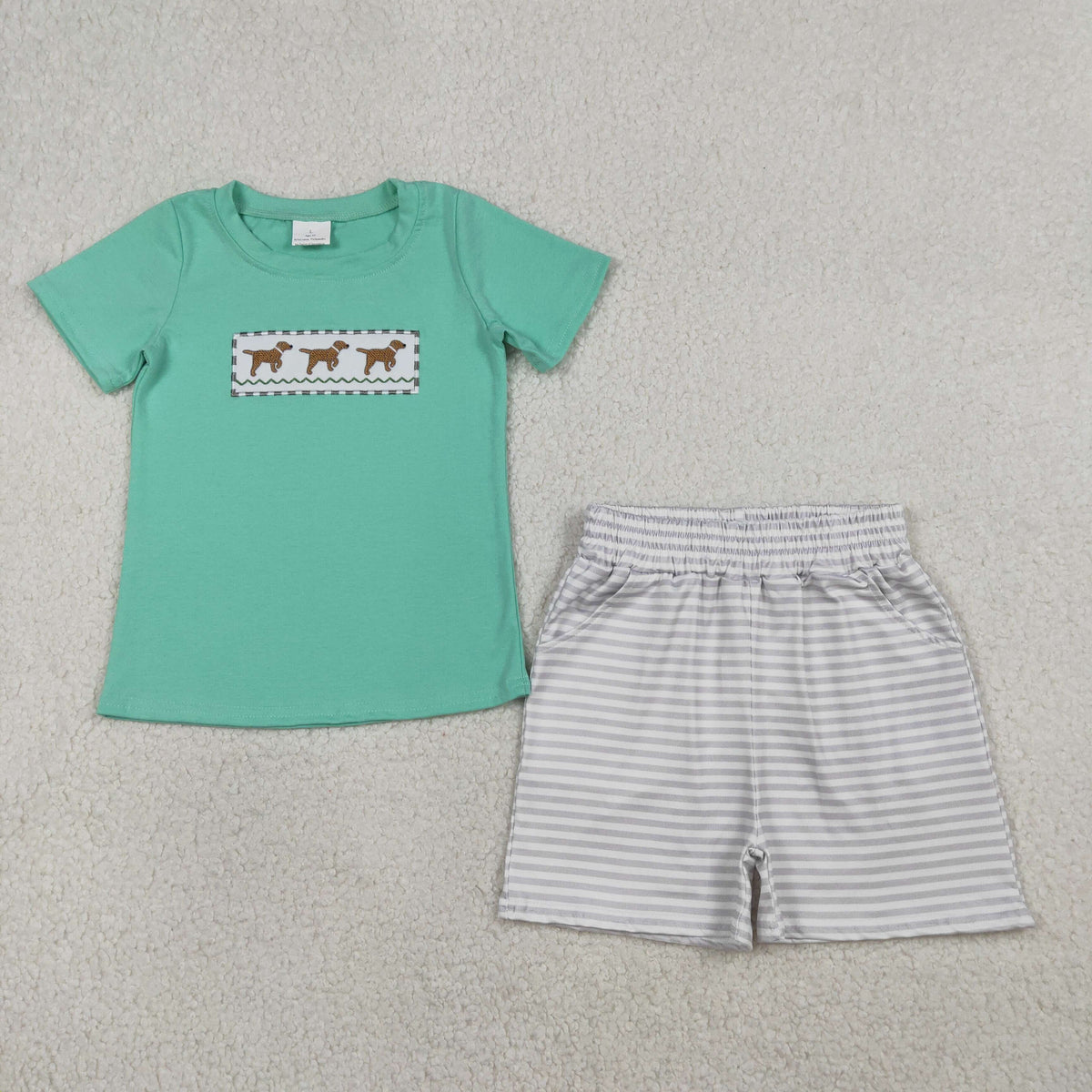 BSSO1688 Baby Boys Embroidery Dogs Top Stripe Pockets Short Hunting Clothes Sets