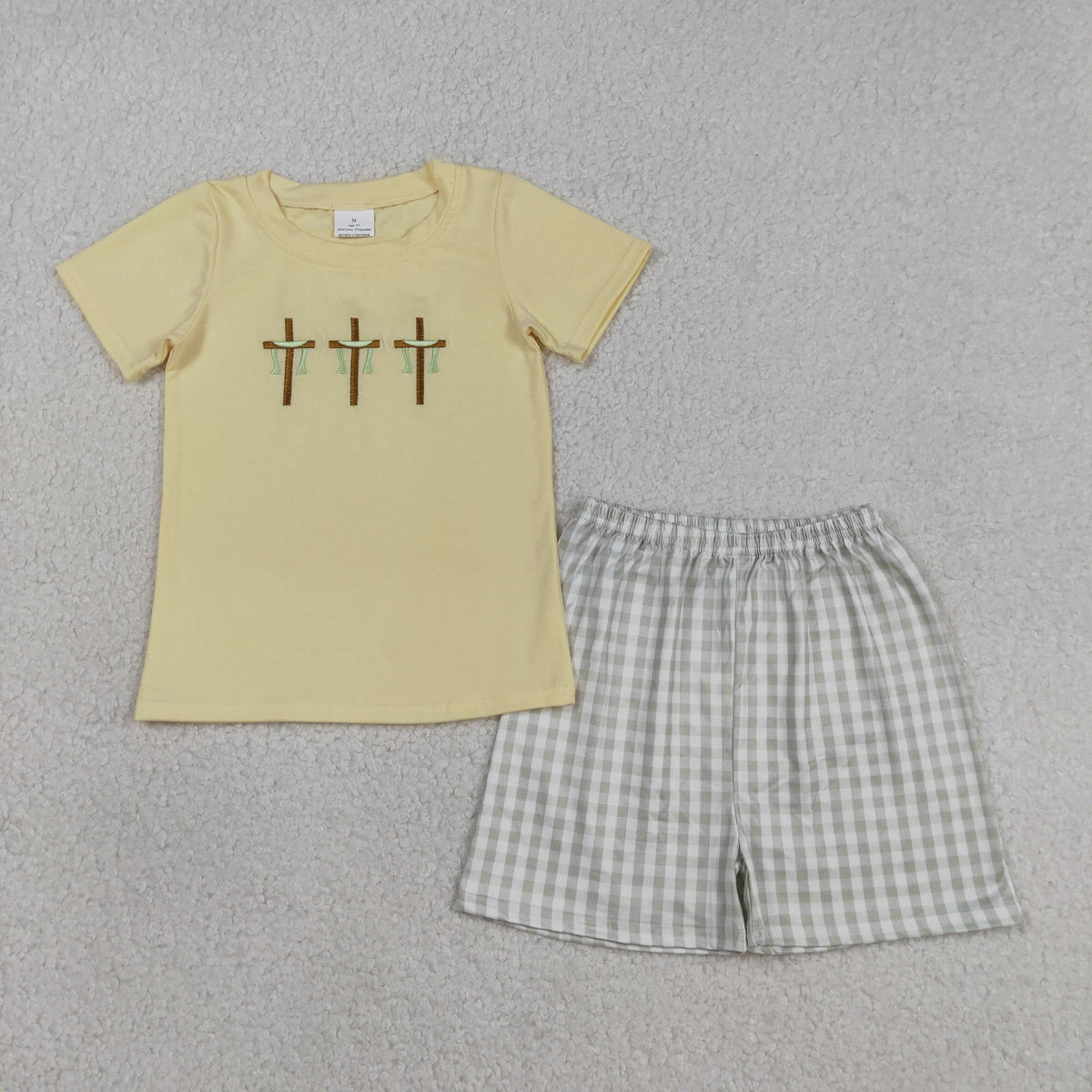 BSSO1717 Baby Boys Embroidery Crosses Top Grey Checked Short Easter Clothes Sets