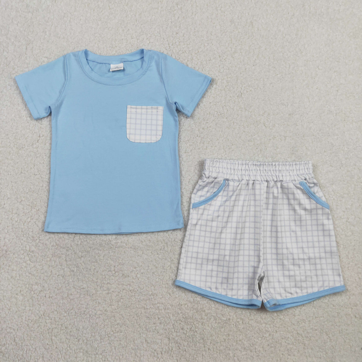 Sibling Baby Boys Light Blue Pocket Top Pockets Short Checked Rompers