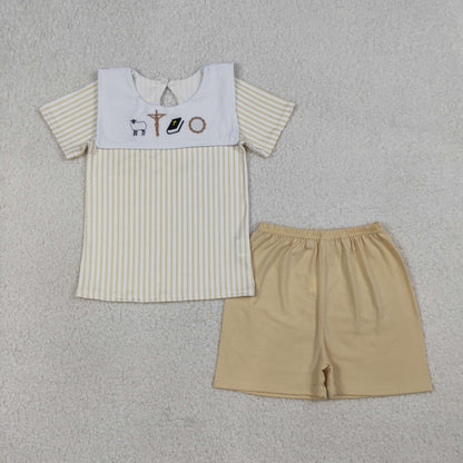 BSSO1777 Baby Boys Embroidery Cross Sheep Yellow Stripe Top Short Clothes Set