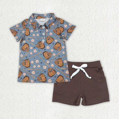 Sibling Baby Boys Baseballs Button Polo Shirts Pockets Short Team Clothes Set