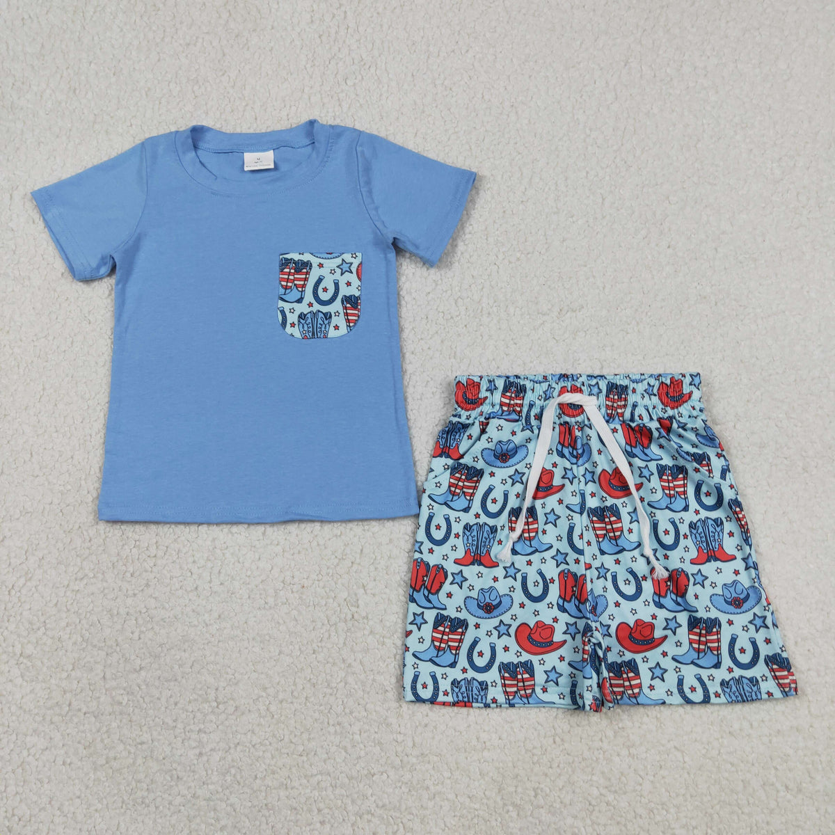 BSSO1829 Baby Boys Boots Stars Flags Pocket Top Short 4th of July Clothes Sets