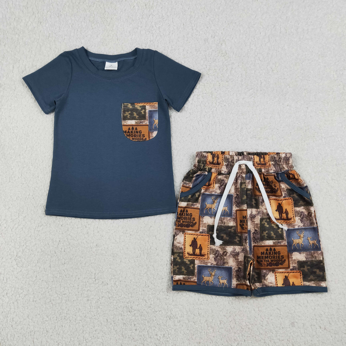 BSSO1846 Baby Boys Navy Top Camo Deer Checked Pockets Short Hunting Clothes Set