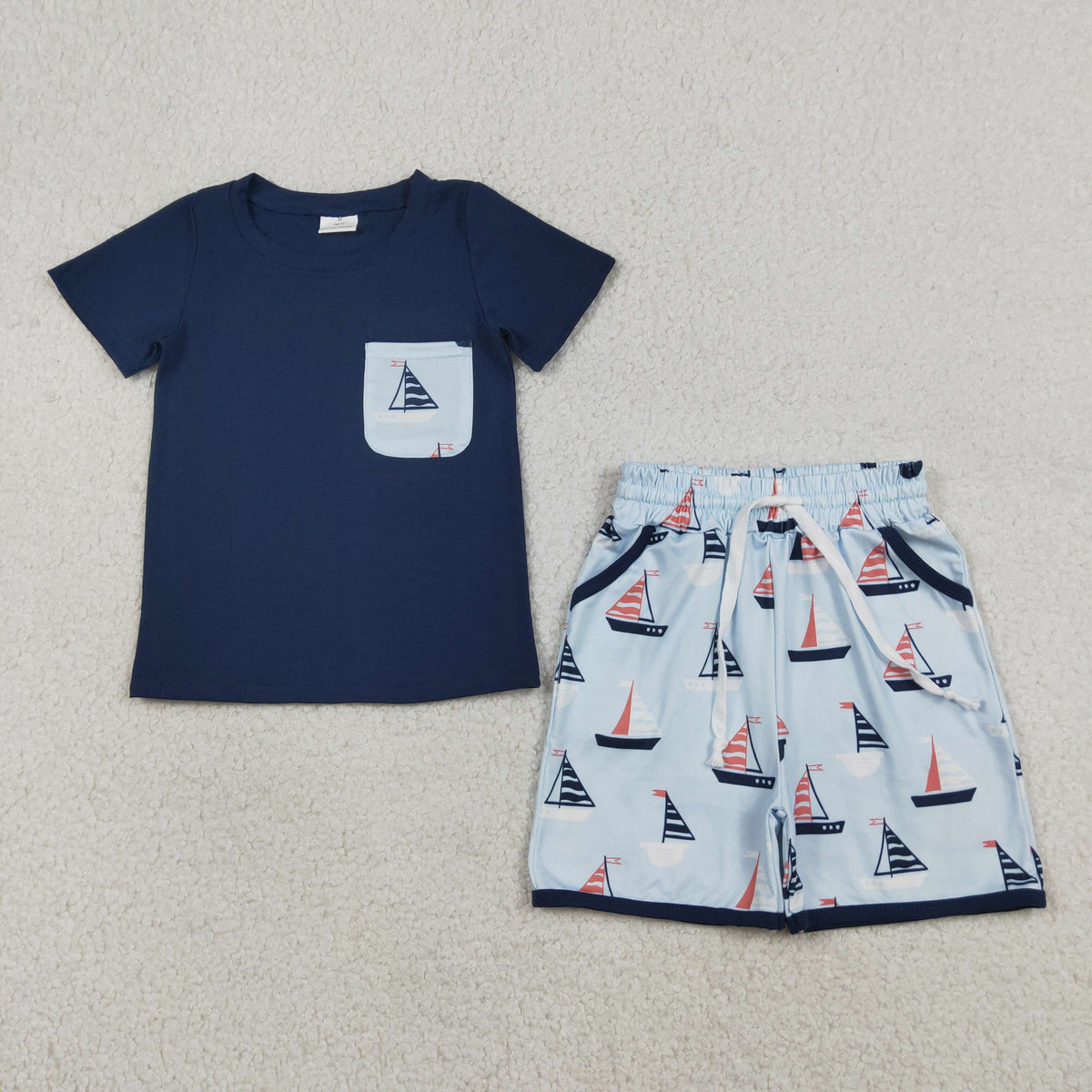 BSSO1855 Baby Boys Navy Top Boats Pockets Short 4th of July Clothes Set