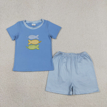 Sibling Baby Kids Embroidery Fishes Top Stripe Short Hunting Clothes Set Rompers