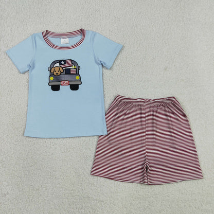 Sibling Baby Boys Girls Embroidery Dog Bows Flags Top Short 4th of July Clothes Sets
