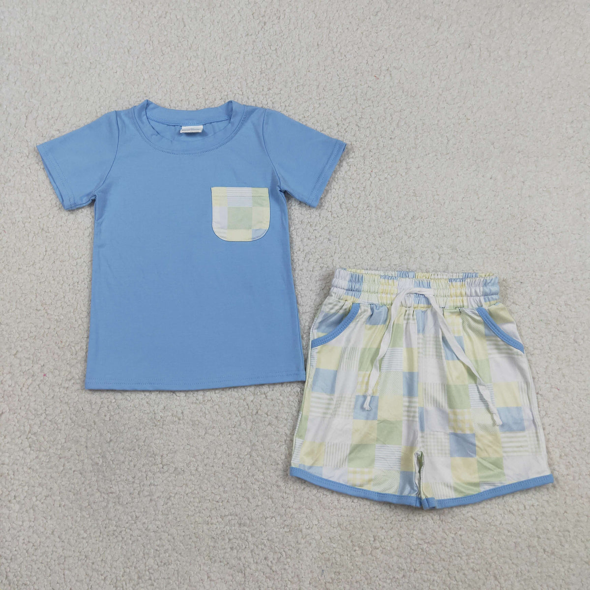 BSSO1950 Baby Boys Blue Green Checked Top Pockets Short Clothes Sets