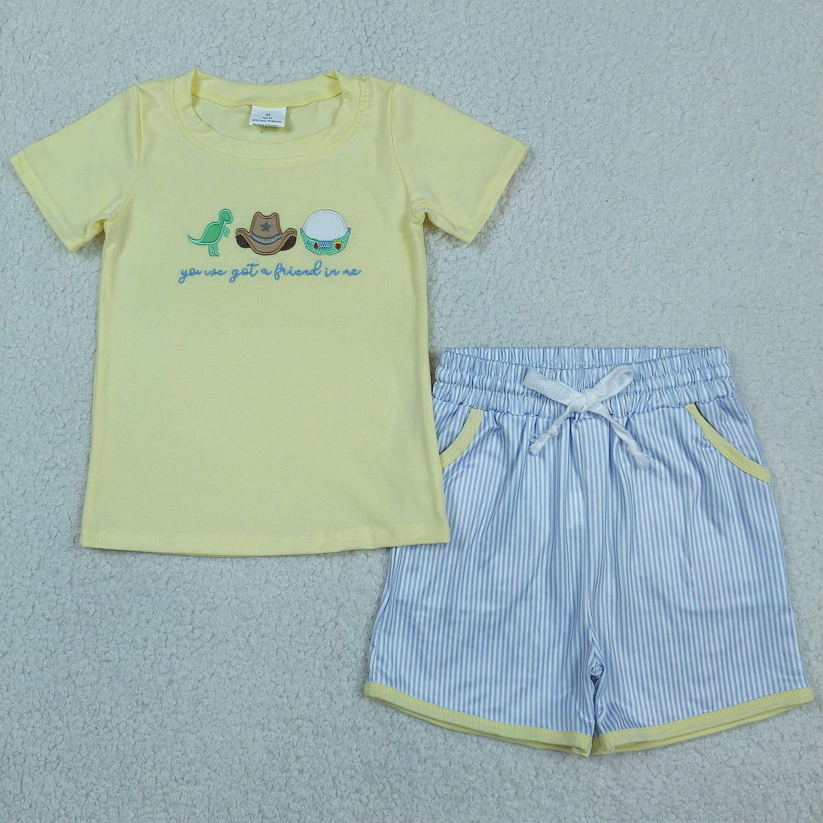 BSSO1968 Baby Boys Embroidery Got a Friend Top Stripe Pockets Short Clothes Set