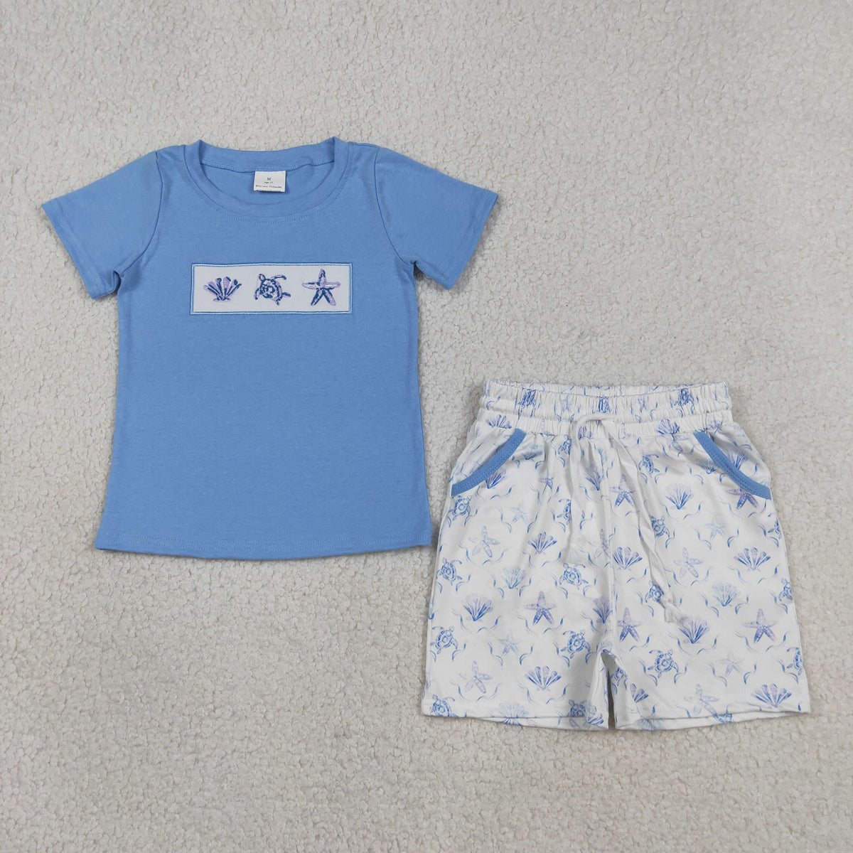 BSSO1979 Baby Boys Embroidery Sea Turtles Top Pockets Short Clothes Set
