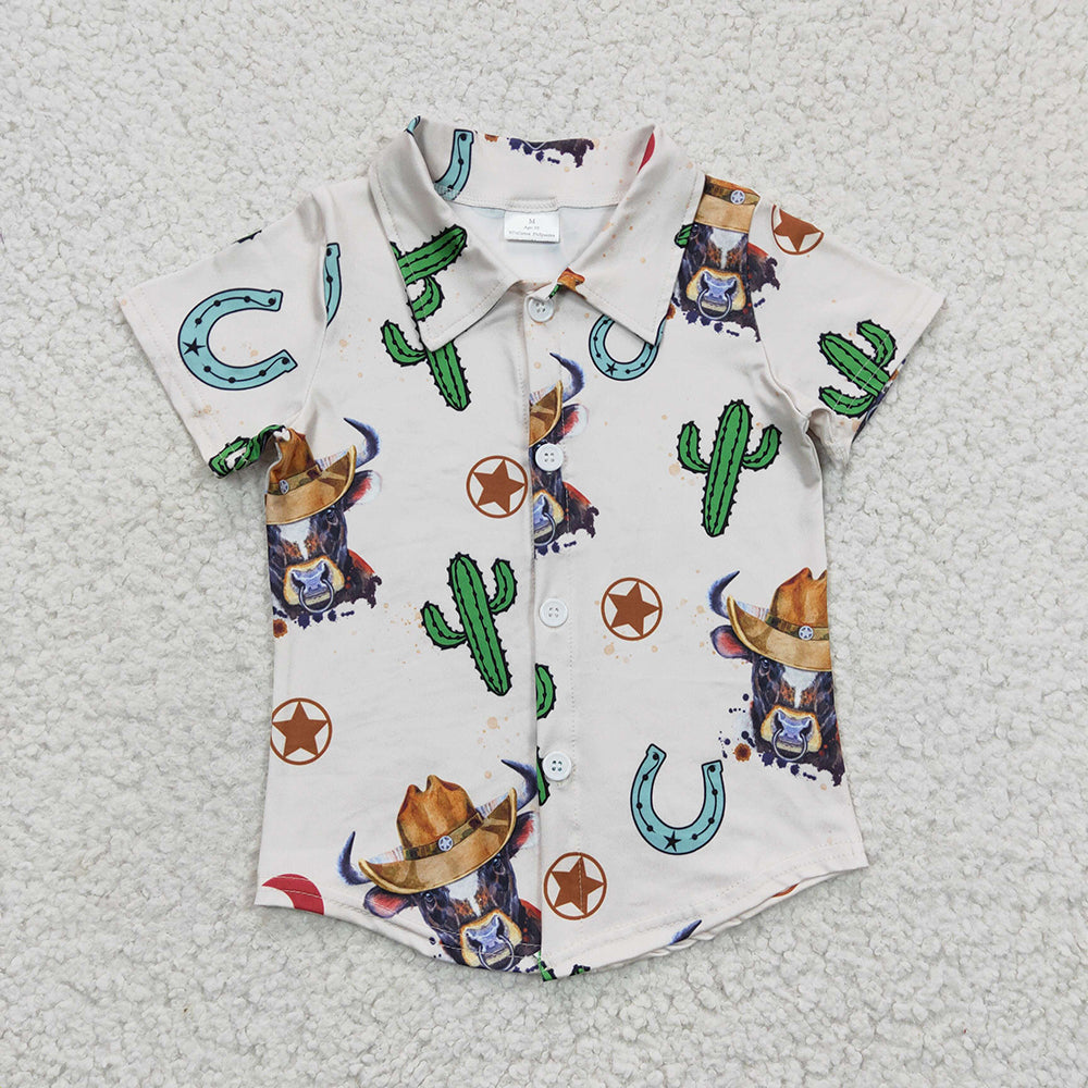 BT0213 boy clothes boy western cow cactus summer button up tops