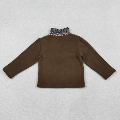 BT1309 Baby Boys Dark Brown Camo Quatrefoil Zipper Pullover Sherpa Tops