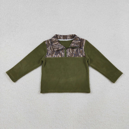 BT1317 Baby Boys Olive Camo Quatrefoil Zipper Pullover Sherpa Tops