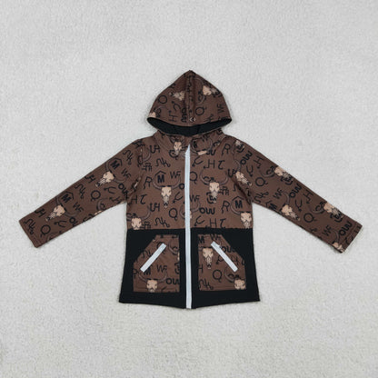 Sibling Baby Boys Brown Bull Skulls Pants Western Pajamas Sets Zipper Footie Rompers