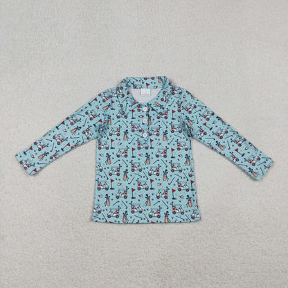 Sibling Baby Boys Blue Golf Flags Button Polo Shirts Footie Rompers