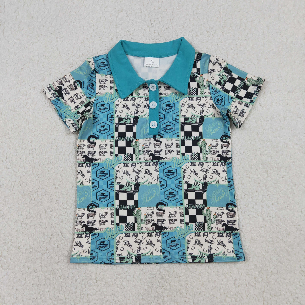 BT1631 Baby Boys Horse Rodeos Aztec Checked Western Button Polo Shirts Top