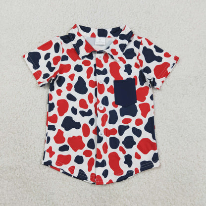 Sibling Baby Boys Red Blue Cow Print Button Tops Shorts 4th of July Clothes Set Rompers