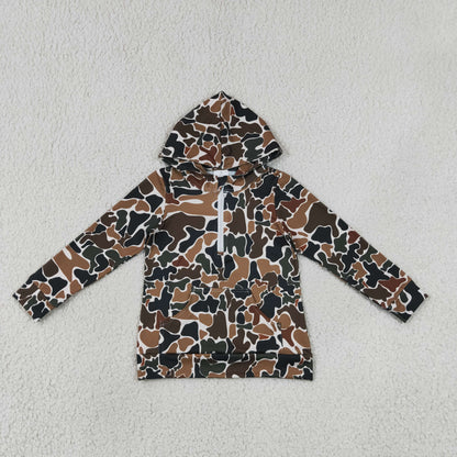 Mama and Me Boys Long Sleeve Dark Brown Camo Zip Pocket Hoodies Top
