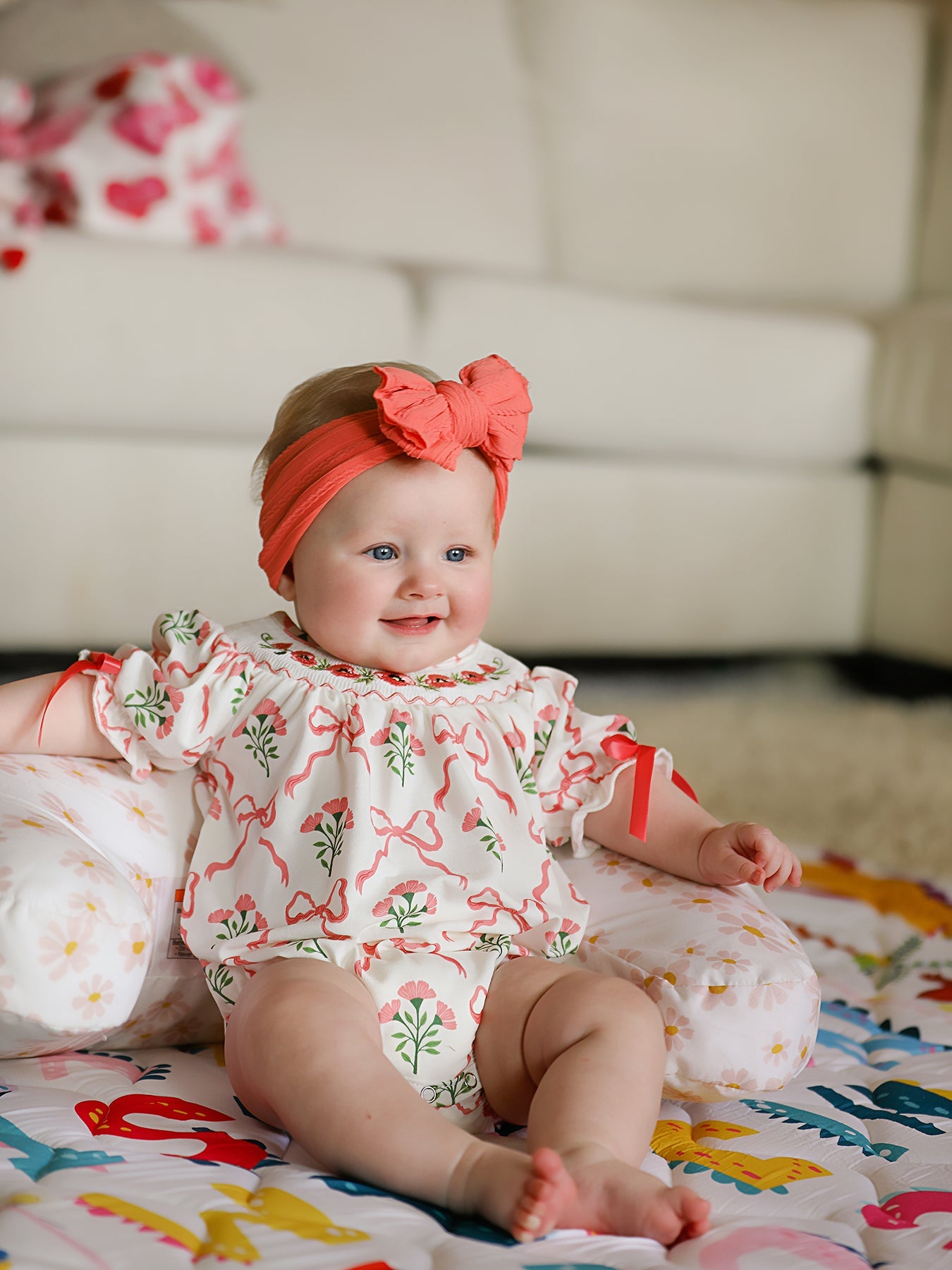 Spring Floral Smocking Embroidery Bow Baby Girls Romper