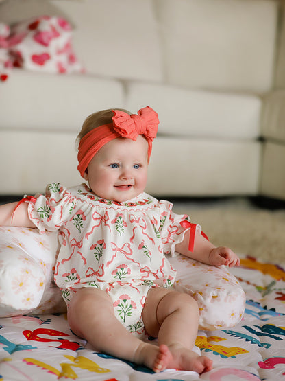 Spring Floral Smocking Embroidery Bow Baby Girls Romper