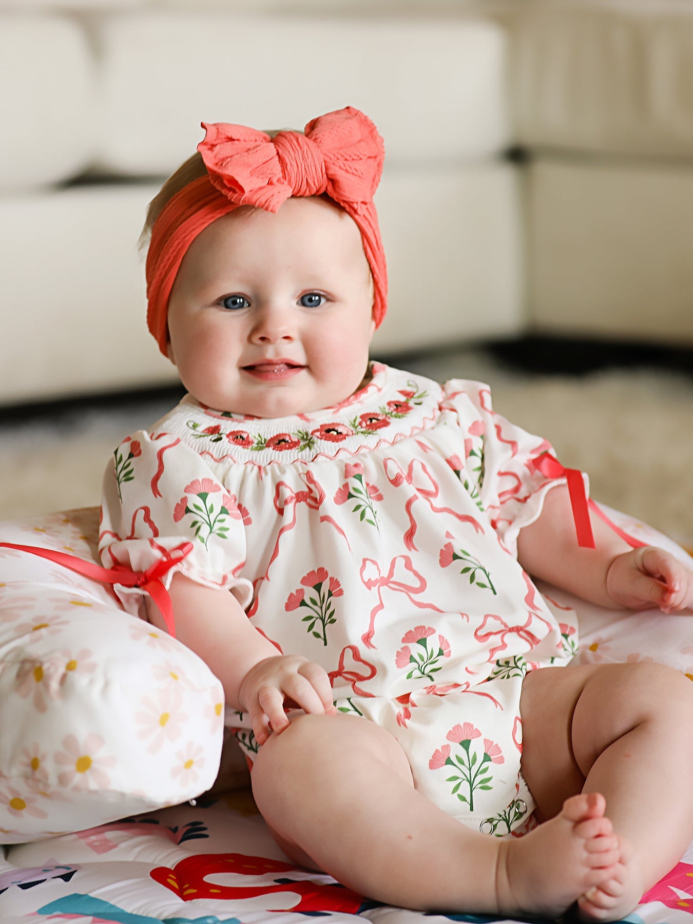 Spring Floral Smocking Embroidery Bow Baby Girls Romper