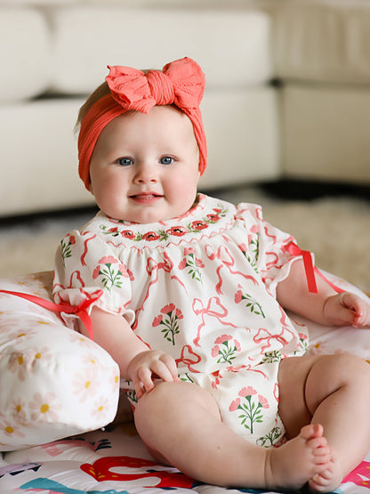 Spring Floral Smocking Embroidery Bow Baby Girls Romper