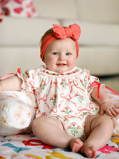 Spring Floral Smocking Embroidery Bow Baby Girls Romper