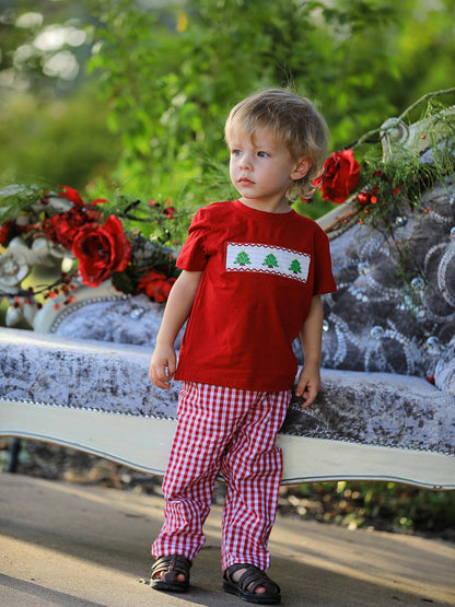 Christmas Smocking Embroidered Christmas Tree Plaid Boys Set