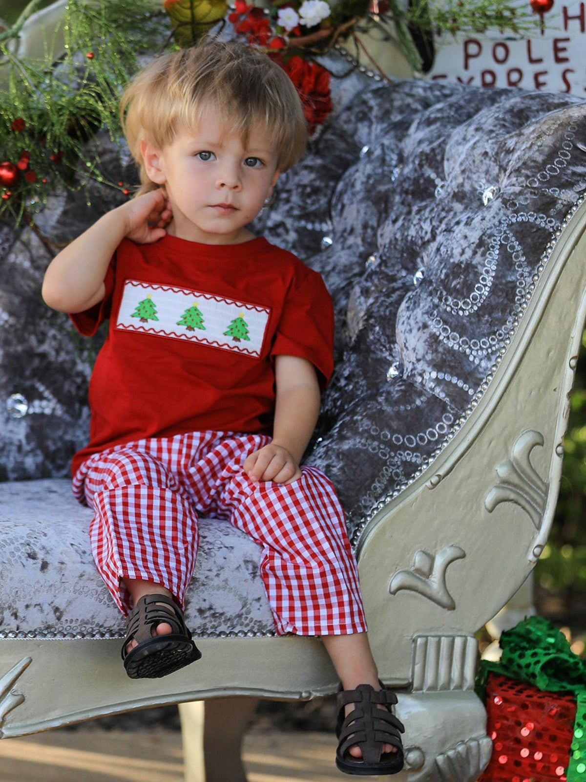 Christmas Smocking Embroidered Christmas Tree Plaid Boys Set
