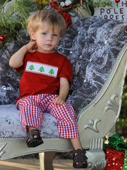 Christmas Smocking Embroidered Christmas Tree Plaid Boys Set