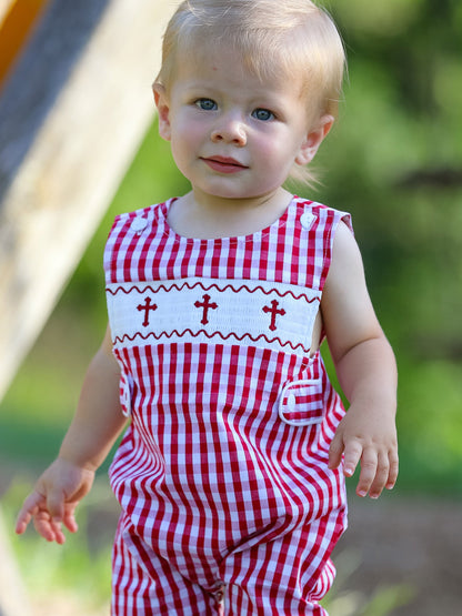 Red Plaid Smocked Church Christ Bishop Christening Baby Boys' Romper