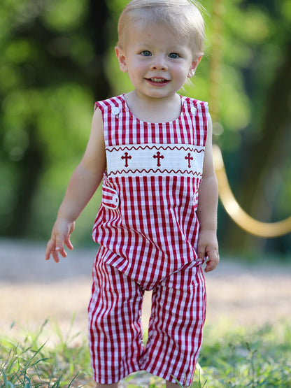 Red Plaid Smocked Church Christ Bishop Christening Baby Boys' Romper
