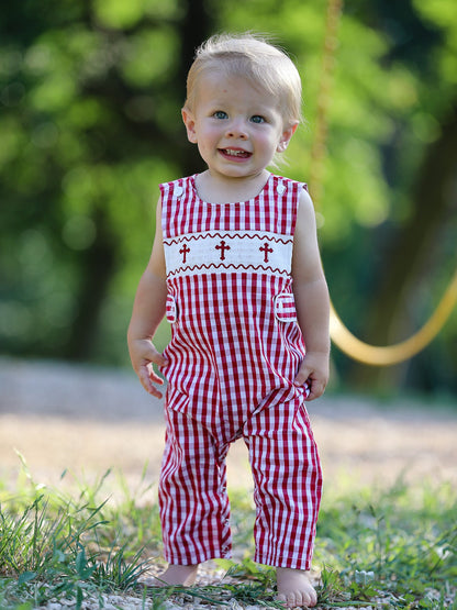 Red Plaid Smocked Church Christ Bishop Christening Baby Boys' Romper