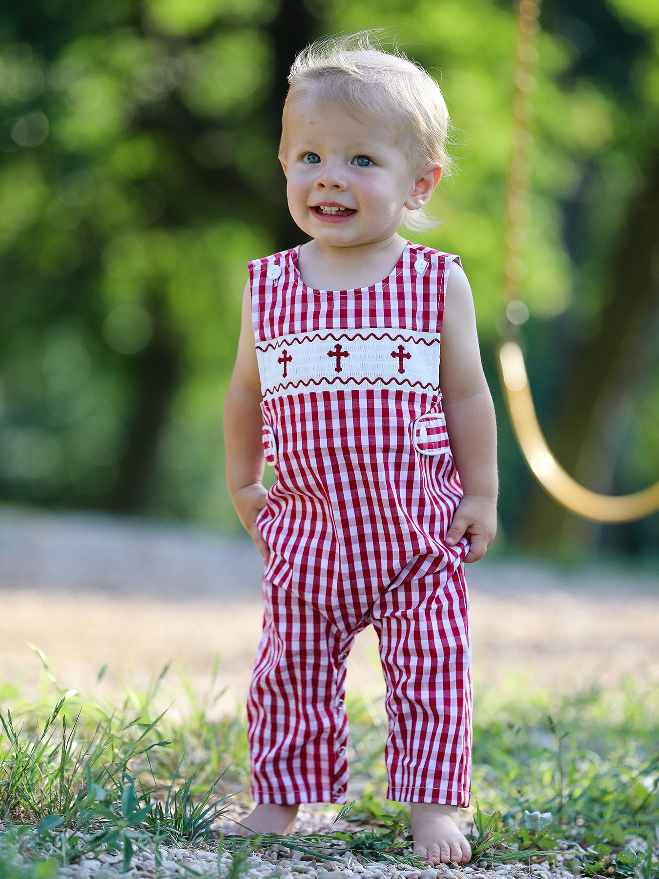Red Plaid Smocked Church Christ Bishop Christening Baby Boys' Romper