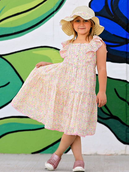 Spring Floral Girls Ruffle Dress With Bow Straw Hat Set
