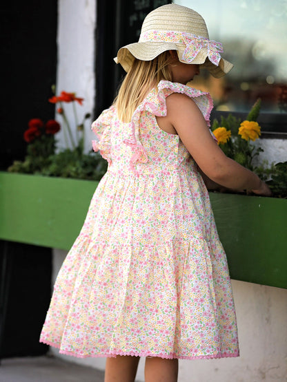 Spring Floral Girls Ruffle Dress With Bow Straw Hat Set