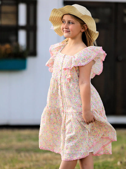 Spring Floral Girls Ruffle Dress With Bow Straw Hat Set