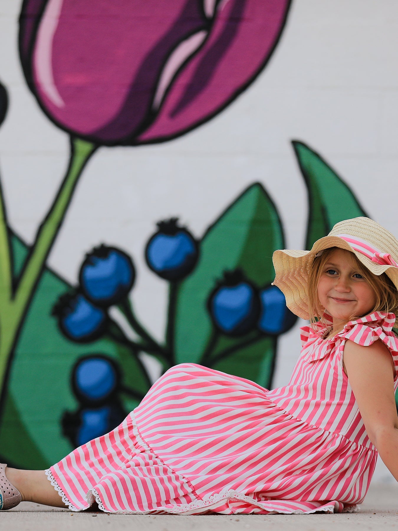 Spring  Pink Striped Ruffled Girls' Dress with Hat