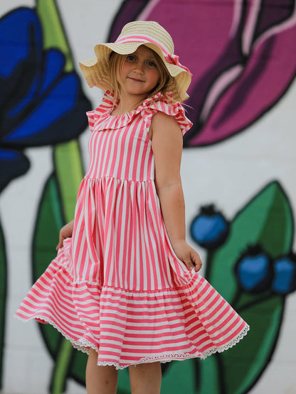 Spring  Pink Striped Ruffled Girls' Dress with Hat