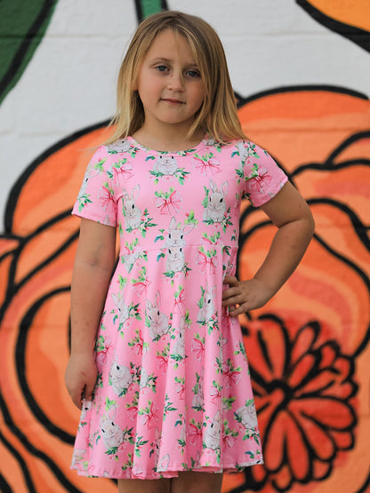Easter Pink Bunny Floral Print Short Sleeve Dress