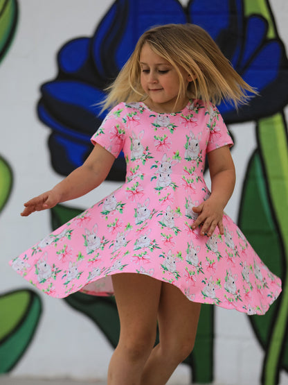 Easter Pink Bunny Floral Print Short Sleeve Dress